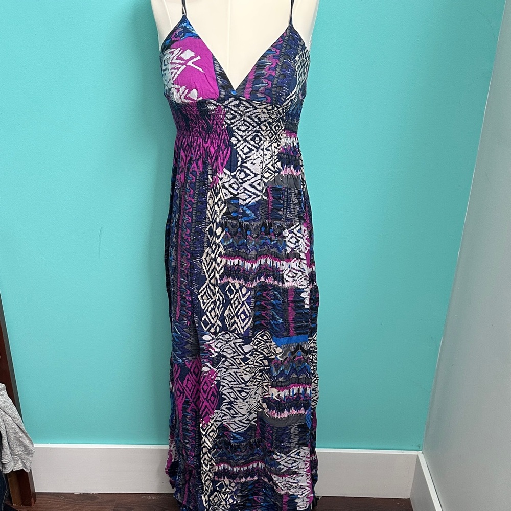 Aqua Blue and Pink Patterned Maxi Dress
